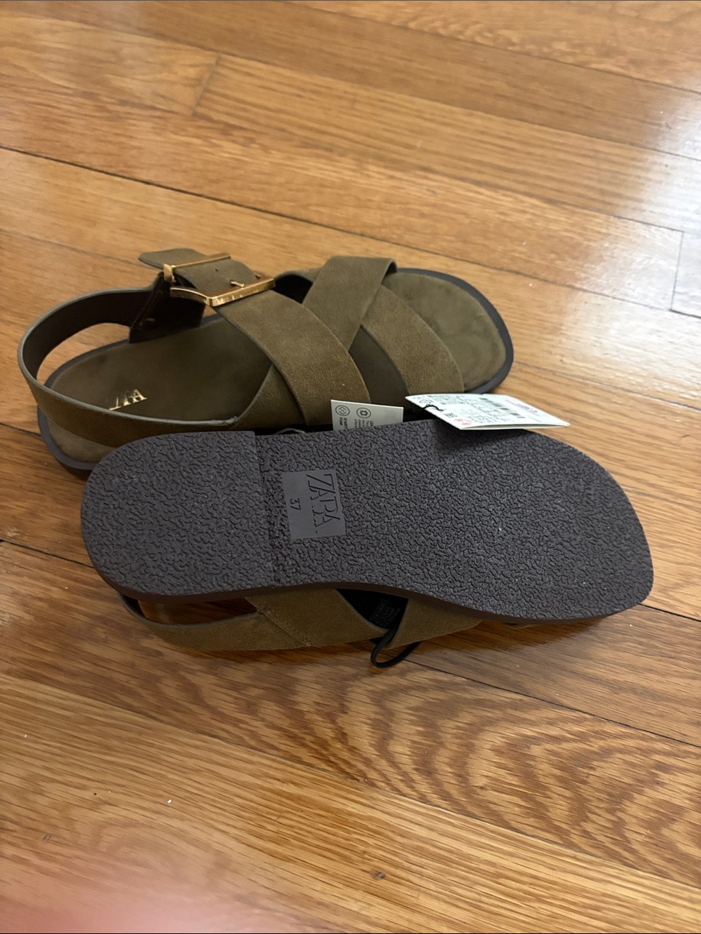 ZARA Olive Suede Crisscross Gold Buckle Sandals 37 NWT - Picture 5 of 5